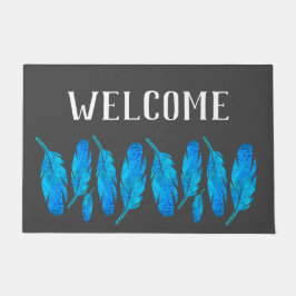 Felpudo Arte de plumas de color azul boho acuático