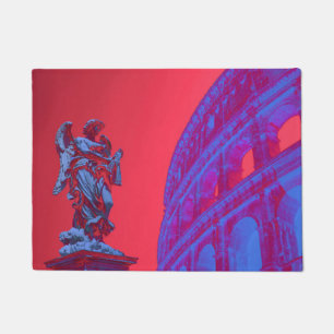 Felpudo Arte digital rojo, azul del Coliseo y la estatua