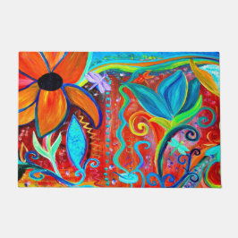 Felpudo Arte floral abstract naranja, azul intuitivo
