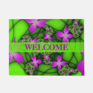 Felpudo Arte fractal de flores rosadas y verdes neón moder