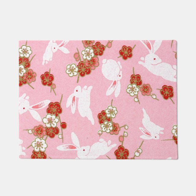 Felpudo Arte japonés: Doormat de conejos y sakura rosados (Anverso)