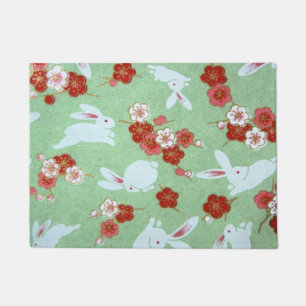 Felpudo Arte japonés: Sakuras verdes y conejos