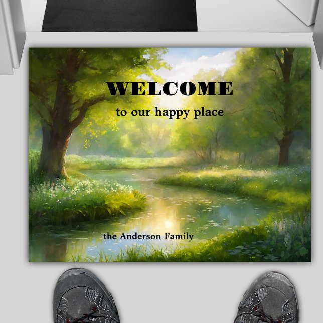 Felpudo Arte paisajístico verde (Doormat featuring a fine art painting of a peaceful landscape with trees, a creek and green nature)
