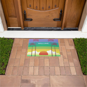 Felpudo Arte personalizado de palmeras y puesta de sol mor