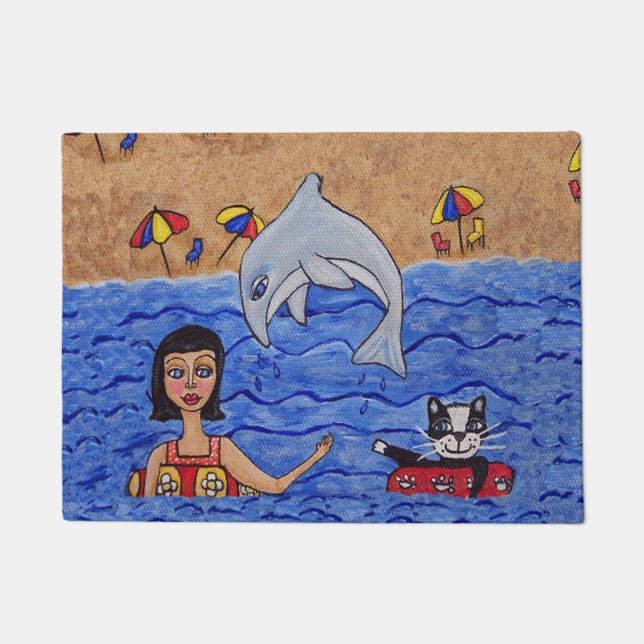 Felpudo Arte Popular Lady Cat Beach Dolphin Swimming (Anverso)