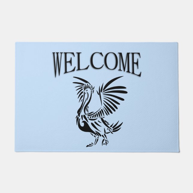 Felpudo Arte tribal pelicano sobre el azul (Anverso)