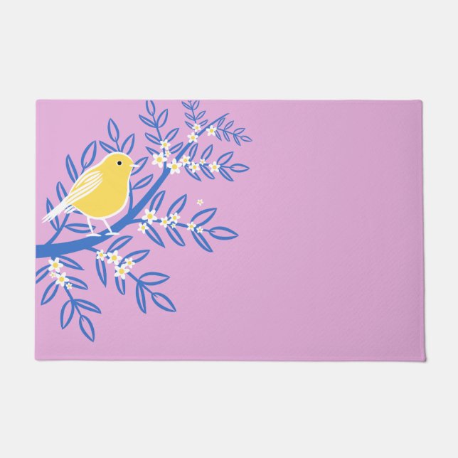 Felpudo Ave amarilla ilustrada en un fondo rosado (Anverso)