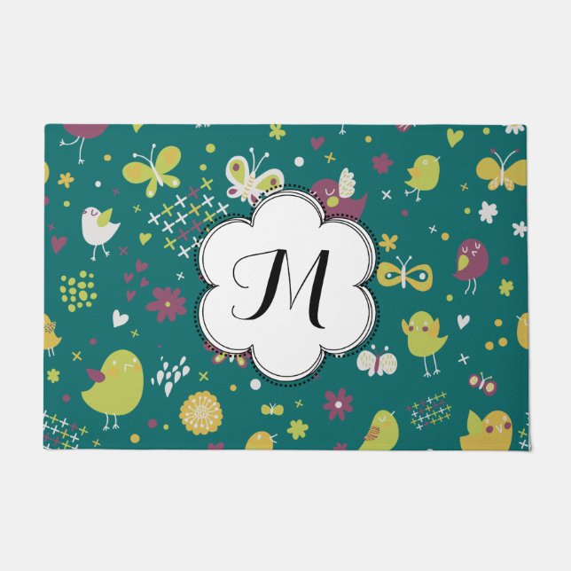 Felpudo Aves caprichosas y mariposas personalizado Doormat (Anverso)