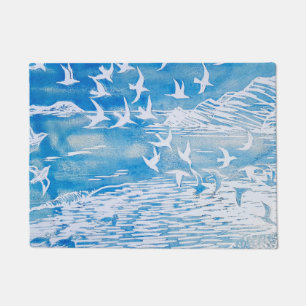 Felpudo Aves de la Costa Azul Arte de acuarela moderna