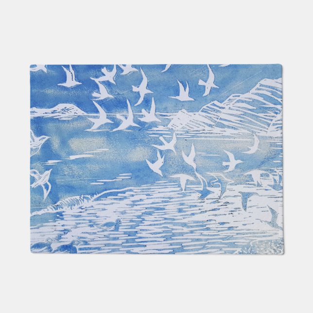 Felpudo Aves de la Costa Azul Arte de acuarela moderna (Anverso)