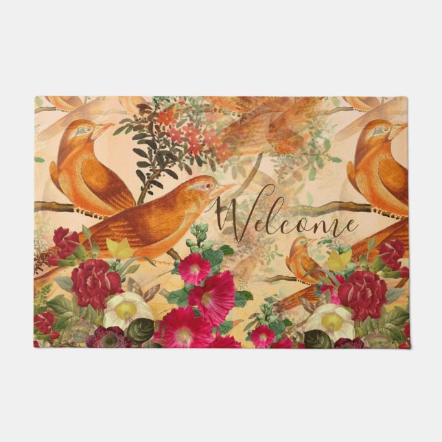 Felpudo Aves en una rama Verde azulada, Naranja, bienvenid (Anverso)