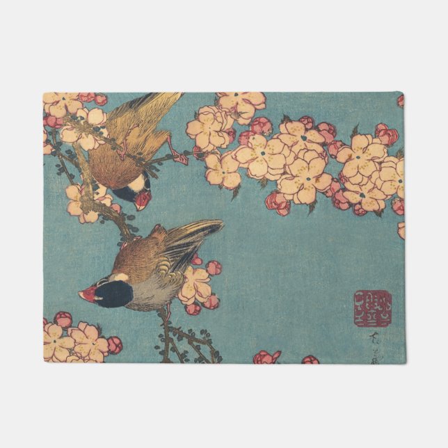 Felpudo Aves flores Hokusai Arte Japonés (Anverso)