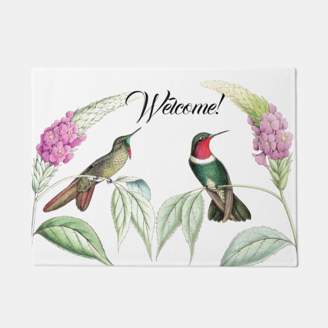Felpudo Aves Hummingbird Flores Vida Silvestre Bienvenidos (Anverso)