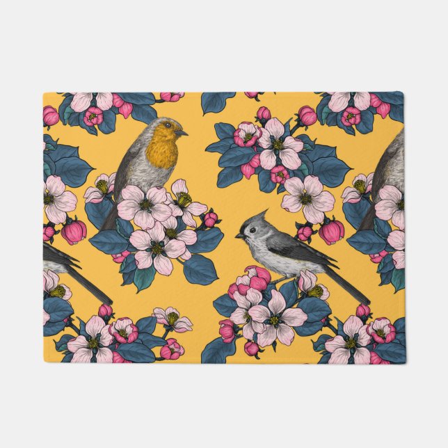 Felpudo Aves y flores en amarillo (Anverso)