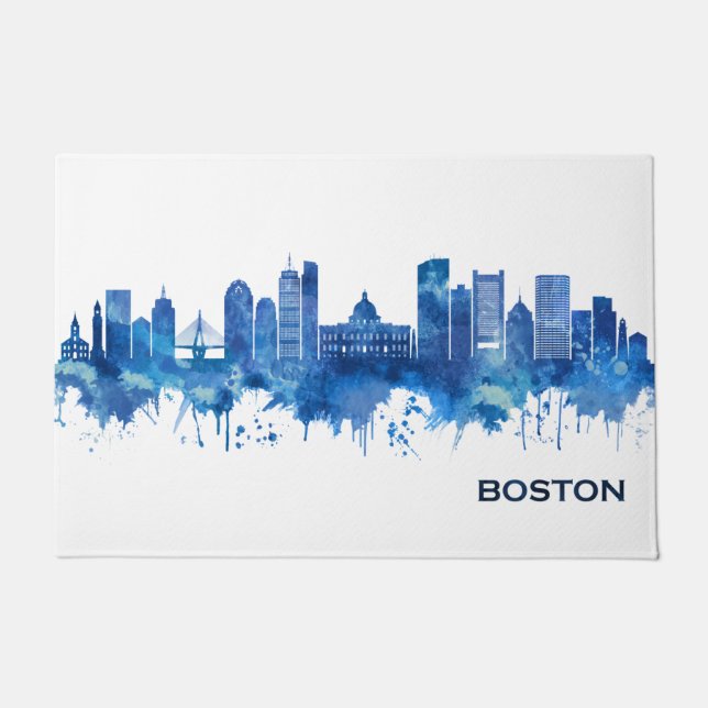 Felpudo Azul del Skyline de Boston Massachusetts (Anverso)