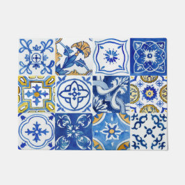 Felpudo Azul floral mediterráneo, blanco y amarillo