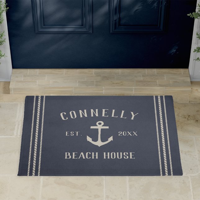 Felpudo Azul marino | Beach House Rustic Anchor Personaliz (Subido por el creador)