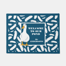 Felpudo Azul marino de pato blanco y plumas personalizado