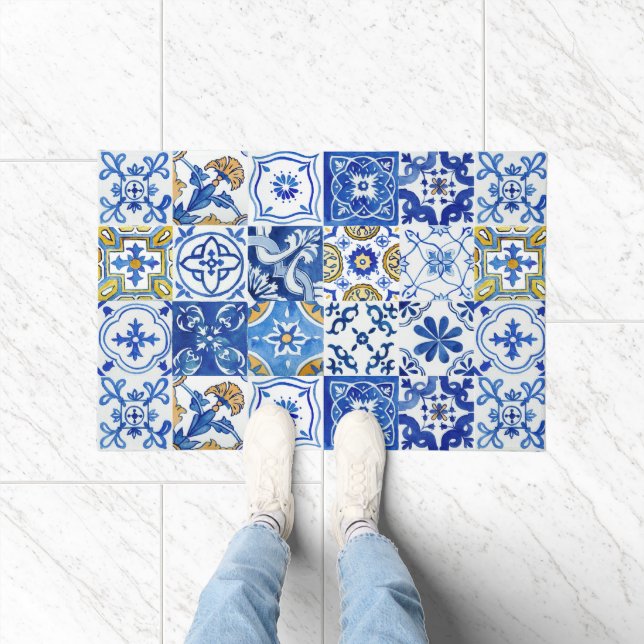 Felpudo Azul mediterráneo, blanco y amarillo acuarela (Interior)