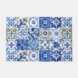 Felpudo Azul mediterráneo, blanco y amarillo acuarela