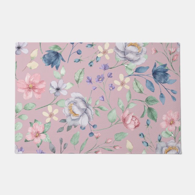 Felpudo Azul rosa y morado floral amarillo (Anverso)