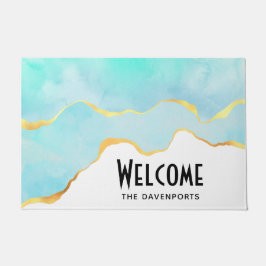 Felpudo Azul verde tropical tranquilo con borde dorado