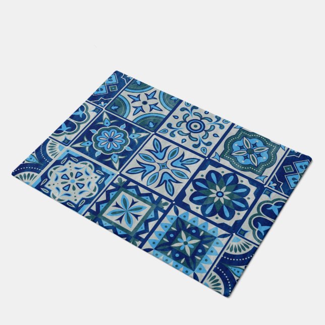 Felpudo Azulejo azul índigo azul portugués decorativo de L (Angular)