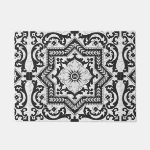 Felpudo Azulejo de estilo cerámico negro y blanco roto