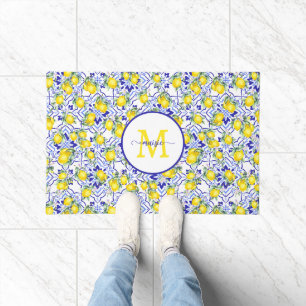Felpudo Azulejo De País Francés Nombre Monograma Limón Azu