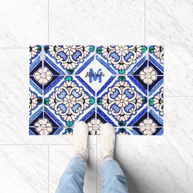 Felpudo Azulejo Patrón Español Mosaicos Naval Monograma Bl (Interior)