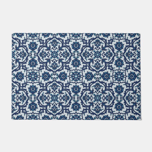 Felpudo Azulejos azules portugueses, patrón de mosaico flo (Anverso)