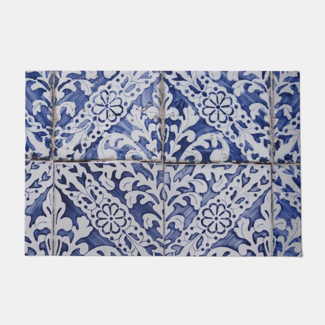 Felpudo Baldosas portuguesas - Azulejo Floral azul y blanc (Anverso)