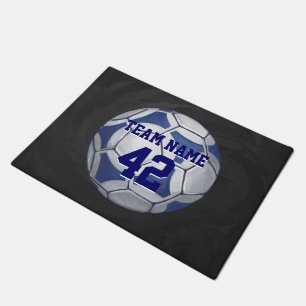 Felpudo Balón de fútbol azul y blanco con nombre