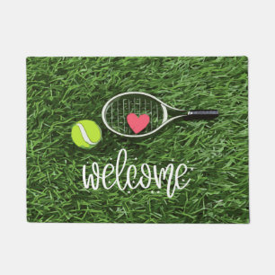 Felpudo Balón de tenis y raqueta en la bienvenida verde