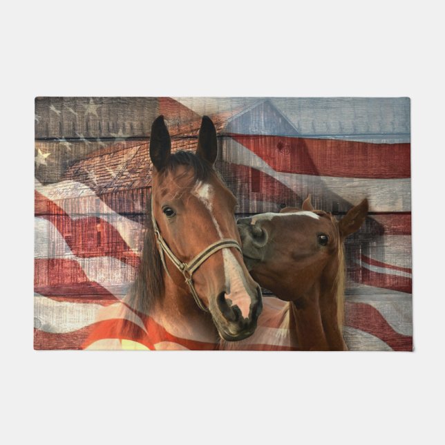 Felpudo Bandera Americana Granero Rústico Caballo (Anverso)