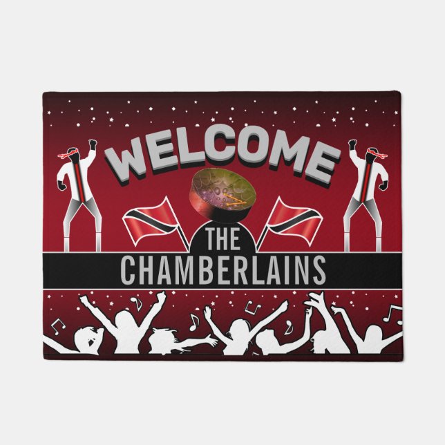 Felpudo Bandera de Trinidad con nombre de familia y Fiesta (Anverso)