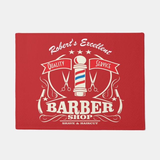 Felpudo Barbershop Entrada Puerta Mat Retro Rojo (Anverso)
