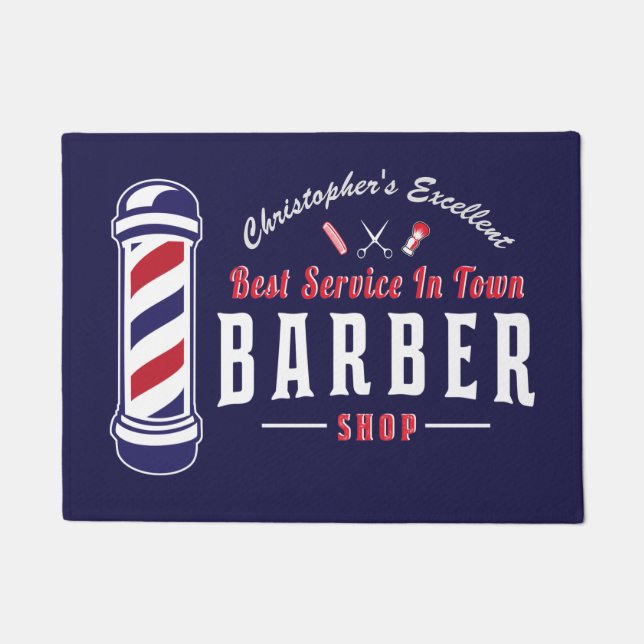 Felpudo Barbershop Stylist Barber Blue Monogram Mat (Anverso)