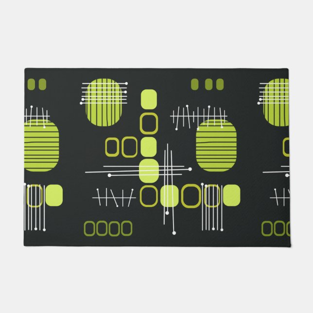 Felpudo Barkcloth de resumen atómico Chartreuse negro (Anverso)