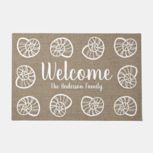 Felpudo Beachy Coastal White Seashells Faux Burlap
