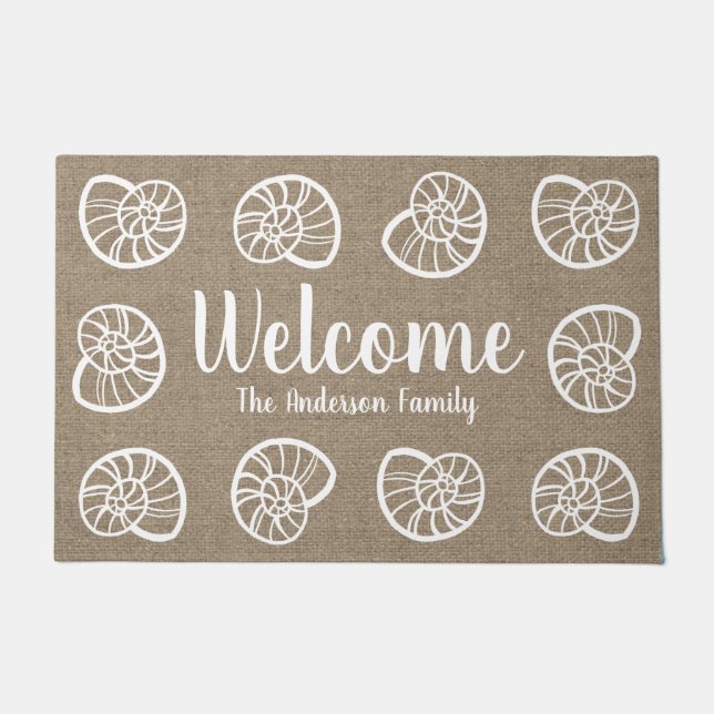 Felpudo Beachy Coastal White Seashells Faux Burlap (Anverso)