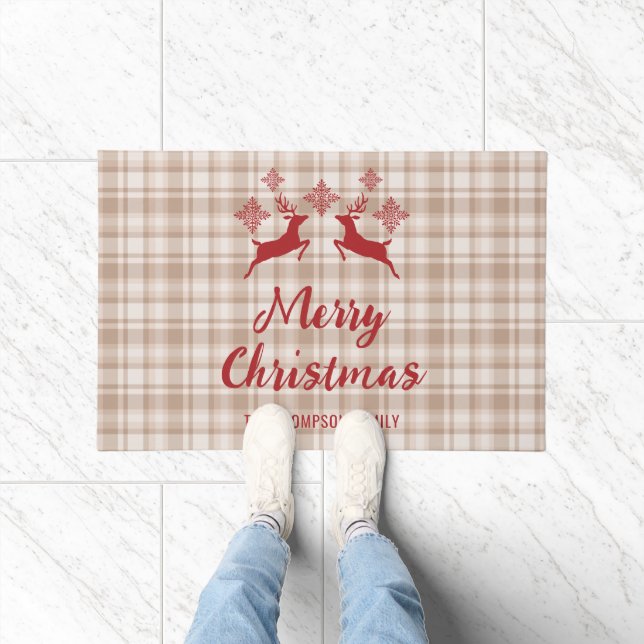 Felpudo Beige Plaid Red Deer Merry Christmas Custom Nombre (Interior)