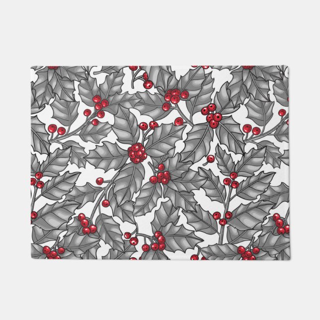 Felpudo Berry holly, hojas grises en blanco (Anverso)