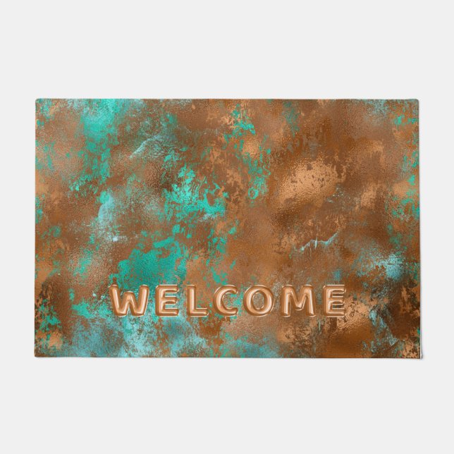 Felpudo Bienvenida a Boho Verde azulado Copper Grunge (Anverso)