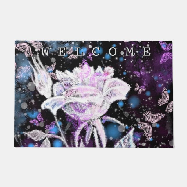 Felpudo Bienvenida a Doormat, Rosa de invierno y mariposas (Anverso)