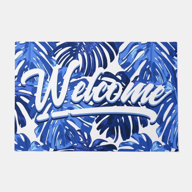 Felpudo Bienvenida a escritura de Boho Blue White Tropical (Anverso)