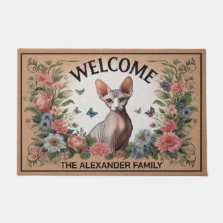 Felpudo Bienvenida a la Moda floral gata personalizada