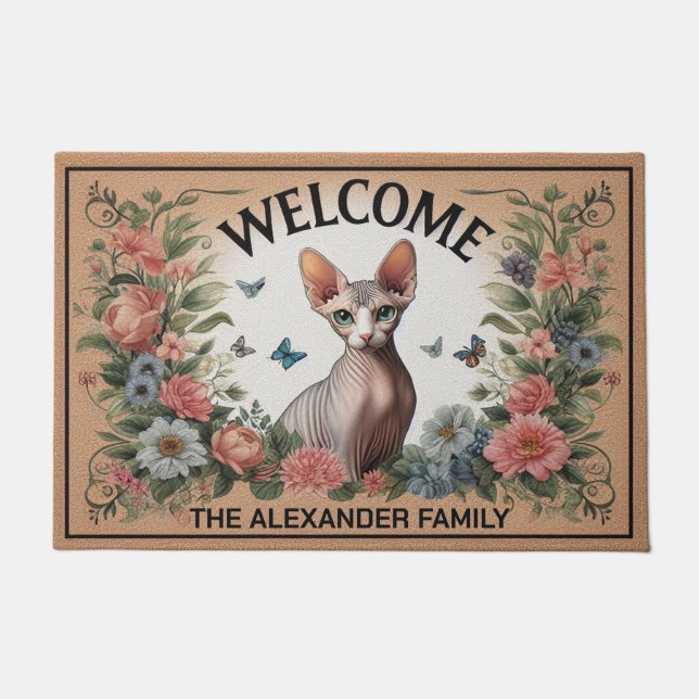 Felpudo Bienvenida a la Moda floral gata personalizada (Anverso)
