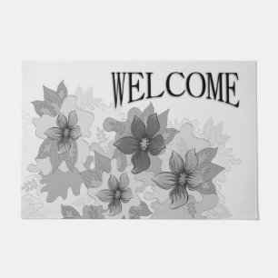 Felpudo Bienvenida a las flores de hues grises monocromo