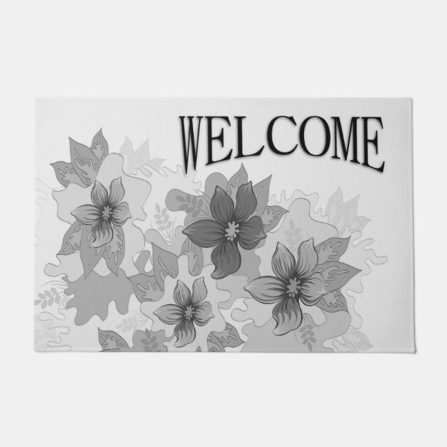 Felpudo Bienvenida a las flores de hues grises monocromo (Anverso)